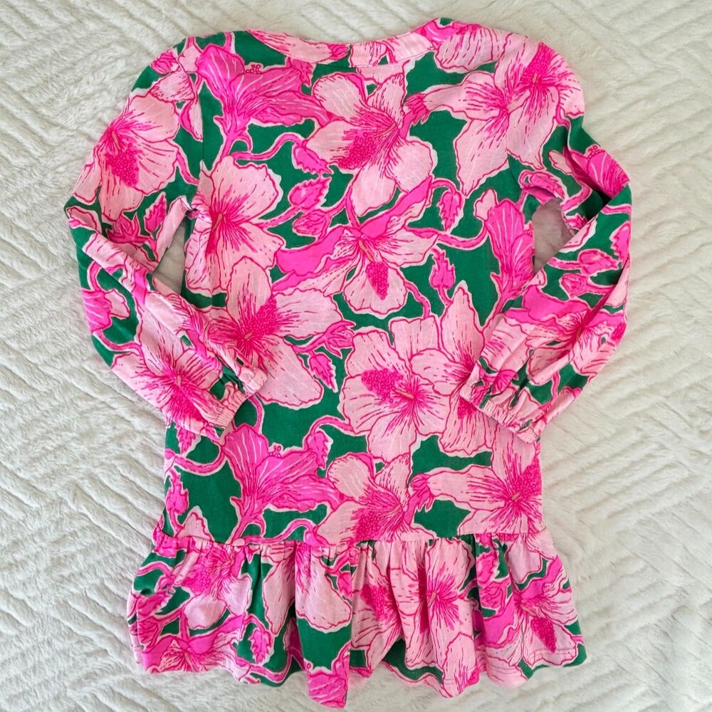 Lilly Pulitzer Girls XS 2-3 Pink Green Hibiscus Peplum Tunic Dress Cotton Top